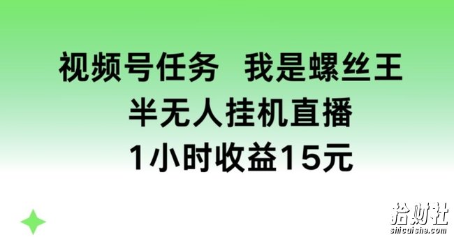 视频号任务，我是螺丝王， 半无人挂JI1小时收益15元【揭秘】
