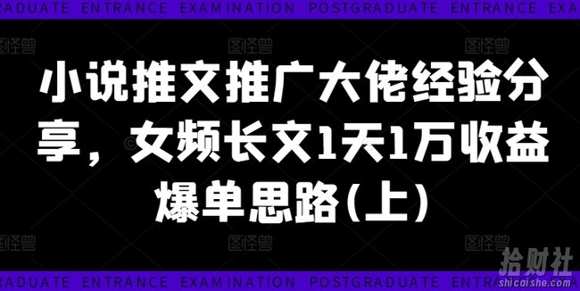 小说推文推广大佬经验分享，女频长文1天1万收益爆单思路(上)
