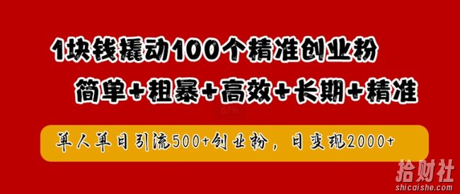 1块钱撬动100个精准创业粉,简单粗暴高效长期精准,单人单日引流500+创业粉,日变现2k【揭秘】