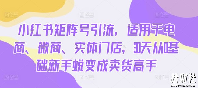 小红书矩阵号引流，适用于电商、微商、实体门店，30天从0基础新手蜕变成卖货高手