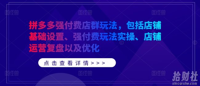 拼多多强付费店群玩法,包括店铺基础设置、强付费玩法实操、店铺运营复盘以及优化