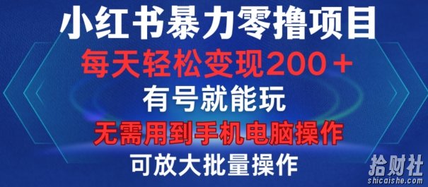 小红书暴力零撸项目,有号就能玩,单号每天变现1到15元,可放大批量操作,无需手机电脑操作【揭秘】
