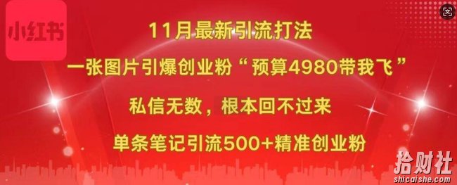 小红书11月最新图片打粉,一张图片引爆创业粉,“预算4980带我飞”,单条引流500+精准创业粉