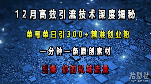 最新高效引流技术深度揭秘 ,单号单日引300+精准创业粉,一分钟一条原创素材,引爆你的私域流量