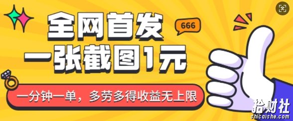 全网首发,一张截图1块钱,一分钟一单,多劳多得,收益无上限