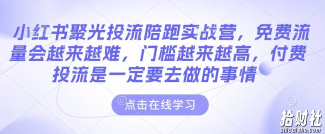 小红书聚光投流陪跑实战营,免费流量会越来越难,门槛越来越高,付费投流是一定要去做的事情