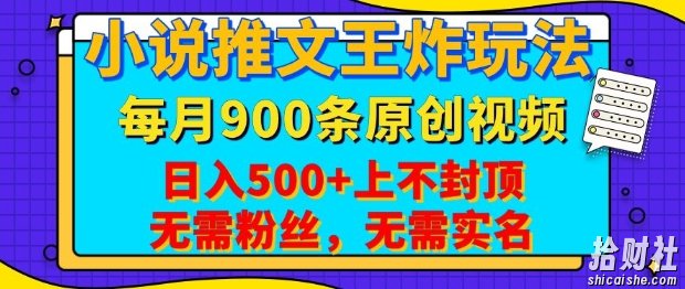 小说推文王炸玩法,一键代发,每月最多领900条原创视频,播放量收益日入5张,无需粉丝,无需实名【揭秘】