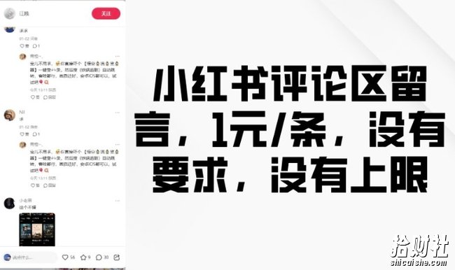 小红书评论区留言，1元条，没有要求，没有上限