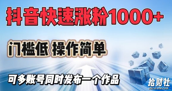 抖音快速涨1000+粉，门槛低操作简单，可多账号同时发布一个作品