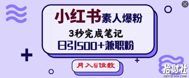 小红书素人爆粉,3秒完成笔记,日引500+兼zhi粉,月入5位数