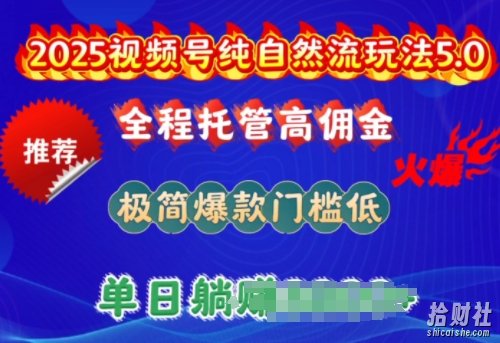 2025视频号纯自然流玩法5.0,全程托管高佣金,极简爆款门槛低,单日收益多张【揭秘】