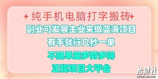 纯手机电脑打字搬砖，有手就行，几秒一单，多劳多得，正规项目大平台【揭秘】