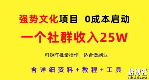 强势文化项目，一个社群收入25个W，0成本启动，可矩阵批量操作，原创详细实操教程