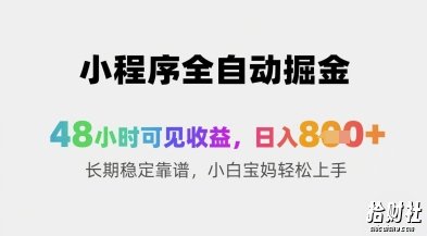 小程序全自动掘金，48小时可见收益，日入8张+长期稳定靠谱，小白宝妈轻松上手【揭秘】
