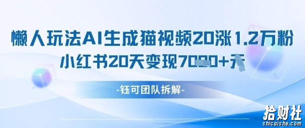 懒人玩法AI生成猫咪图片视频,20涨1.2W万粉,小红书商单20天变现7k