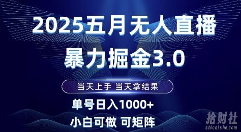 2025五月无人直播暴力掘金3.0,当天上手,当天拿结果,单号日入1k+小白可做可矩阵【揭秘】