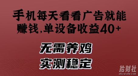 手机每天看看广告就能挣钱，单设备收益40+，无需养鸡，实测稳定【揭秘】