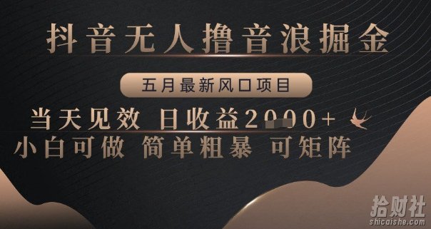 抖音无人撸音浪掘金,五月最新风口项目,当天见效,日收益多张,小白可做简单粗暴可矩阵【揭秘】