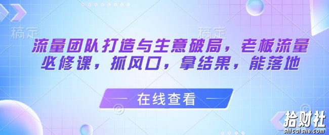 流量团队打造与生意破局,老板流量必修课,抓风口,拿结果,能落地