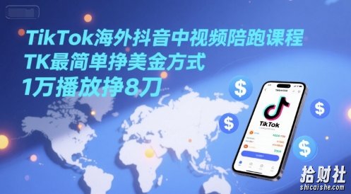 TikTok海外抖音中视频陪跑课程，TK最简单挣美金方式，1万播放挣8刀