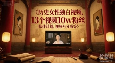 历史女性独白视频，13个视频10w粉丝，伙伴计划，视频号分成等
