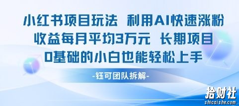 适合小白操作的小红书新项目，利用AI快速涨粉，收益每月平均1W+