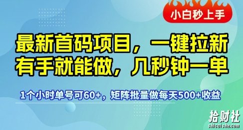 最新首码项目，一键拉新有手就能做，几秒钟一单，1个小时单号可60+，矩阵批量做每天5张【揭秘】