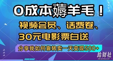 0成本薅羊毛!视频会员、话费卷、30元电影票白送，分享我如何靠转卖一天变现5张+【揭秘】