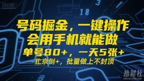 号码掘金,一键操作,会用手机就能做,单号80+,一天5张+,批量做上不封顶【揭秘】