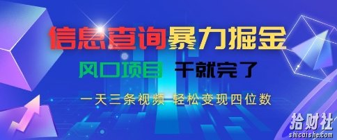信息查询暴力掘金,一天三条视频,轻松变现四位数,风口项目干就完了【揭秘】