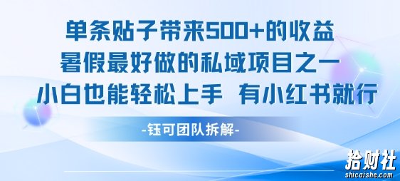 单条贴子带来5张的收益，暑假最好做的私域项目之一，小白也能轻松上手，有小红书就行