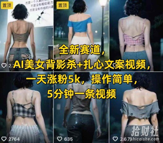 全新赛道，AI美女背影杀+扎心文案视频，一天涨粉5k，操作简单，5分钟一条视频