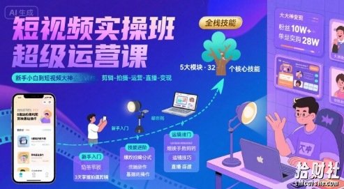 短视频实操班超级运营课，新手小白到短视频大神必修课程，剪辑-拍摄-运营-直播-变现