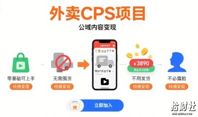 外卖CPS项目,公域内容变现,零基础可上手,无需囤货、不用发货、不必露脸、纯佣变现
