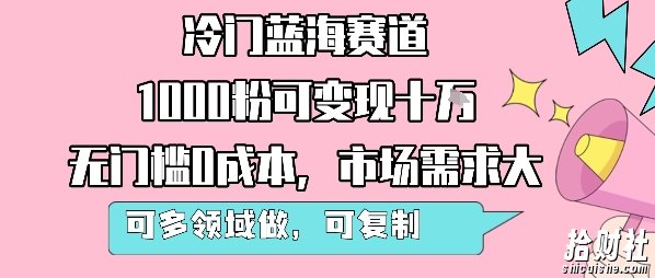 冷门蓝海赛道,1000粉可变现十W,无门槛0成本,市场需求大,可多领域做,可复制性强
