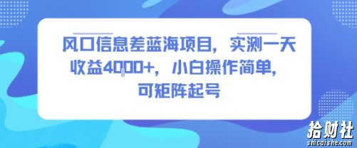 风口信息差蓝海项目，实测一天收益4k+，小白操作简单，可矩阵起号