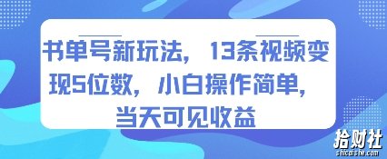 书单号新玩法，13条视频变现5位数，小白操作简单，当天可见收益