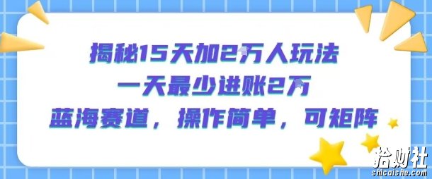 揭秘15天加2W人玩法,一天最少2万进账,蓝海赛道,操作简单,可矩阵