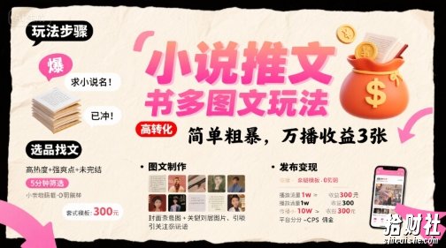 小说推文小红书多图文玩法，简单粗暴，万播收益3张