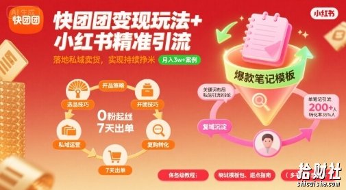 快团团变现玩法+小红书精准引流技巧，助你真正落地私域卖货，实现持续挣米