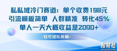 私域冷门赛道单个收费198米引流模板简单人群精准 45%的转化率单人一天大概收益多张
