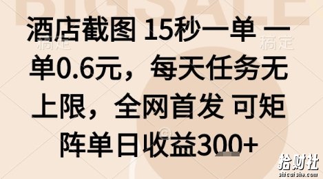 酒店截图项目，15秒一单，一单0.6米，每天任务无上限，全网首发可矩阵单日收益3张+【揭秘】