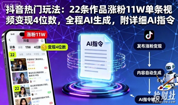 抖音热门玩法：22条作品涨粉11W单条视频变现4位数，全程AI生成，附详细AI指令