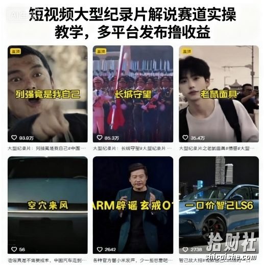 短视频大型纪录片解说赛道实操教学，多平台发布撸收益