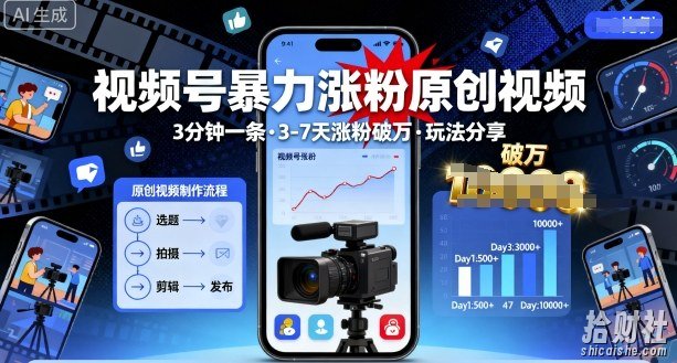 视频号暴力涨粉原创视频，3分钟一条原创视频，3-7天涨粉破万，玩法分享给你