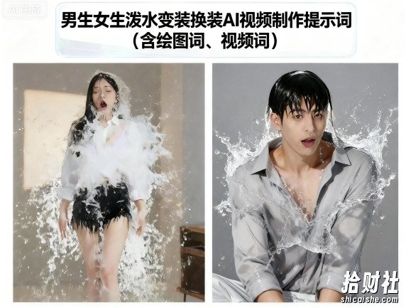 男生女生泼水变装换装AI视频制作提示词(含绘图词、视频词)
