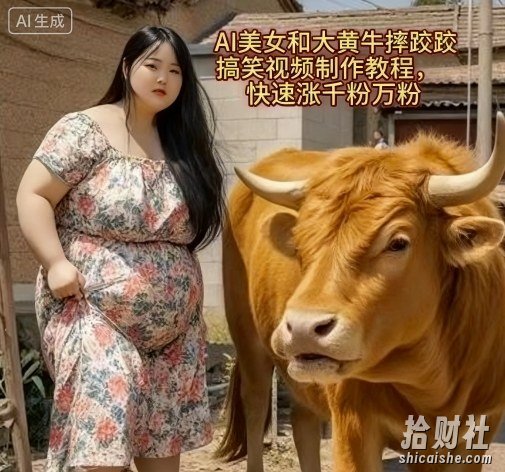 AI美女和大黄牛摔跤搞笑荒诞视频制作教程，快速涨千粉万粉