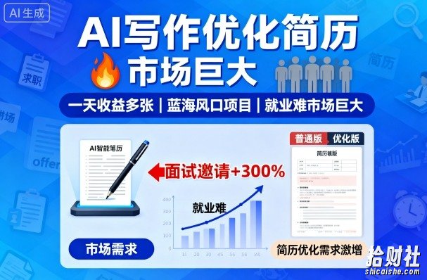 AI写作优化简历,一天收益多张,蓝海风口项目,就业难市场巨大