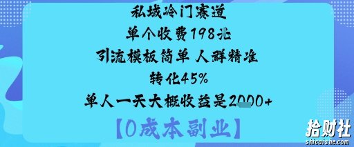 私域冷门赛道:单个收费198米引流模板简单人群精准转化45%单人一天大概收益是1k+