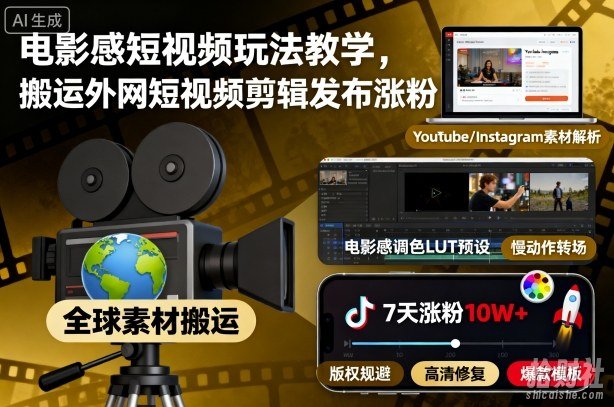 电影感短视频玩法教学，搬运外网短视频剪辑发布涨粉